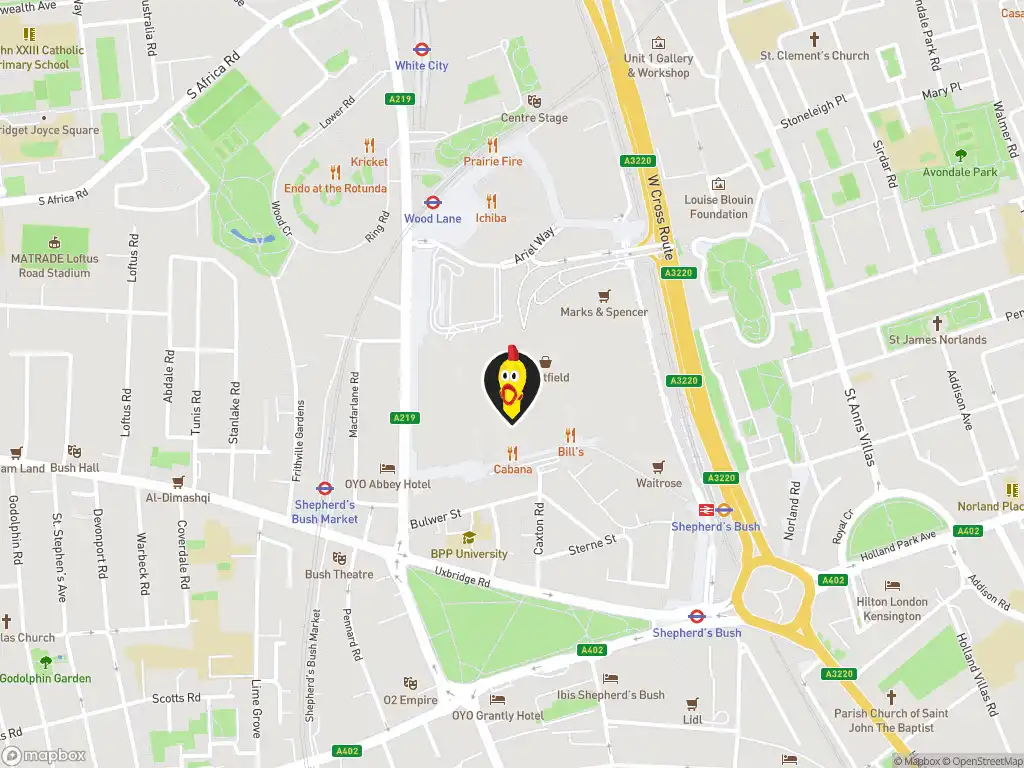 Map image with a marker at Dave's Hot Chicken, Westfield Shopping Centre, Unit 3125A, London, W12 7GF, United Kingdom. Click for directions.
