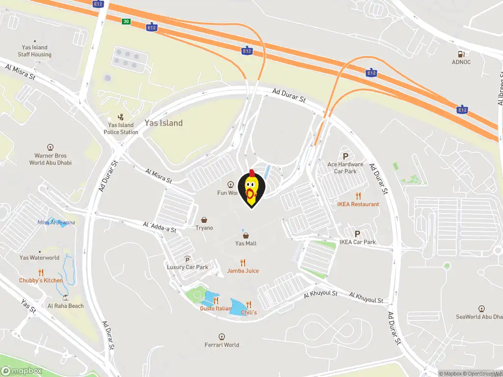 Map image with a marker at Dave's Hot Chicken, Yas Island, Yas Mall, Al-Dar Square Offices, Abu Dhabi, 51133, UAE. Click for directions.