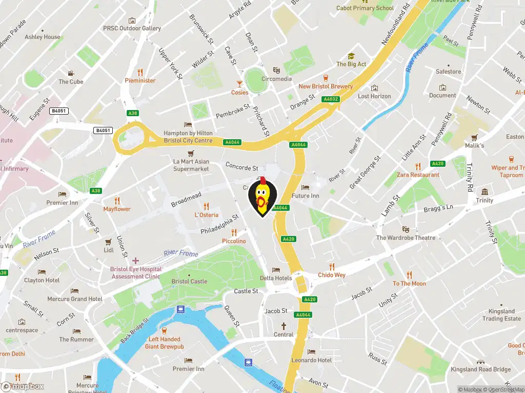 Map image with a marker at Mind Blowing Chicken, Ltd., Cabot Circus, Unit SU72A, Bristol, BS1 3BQ, United Kingdom. Click for directions.